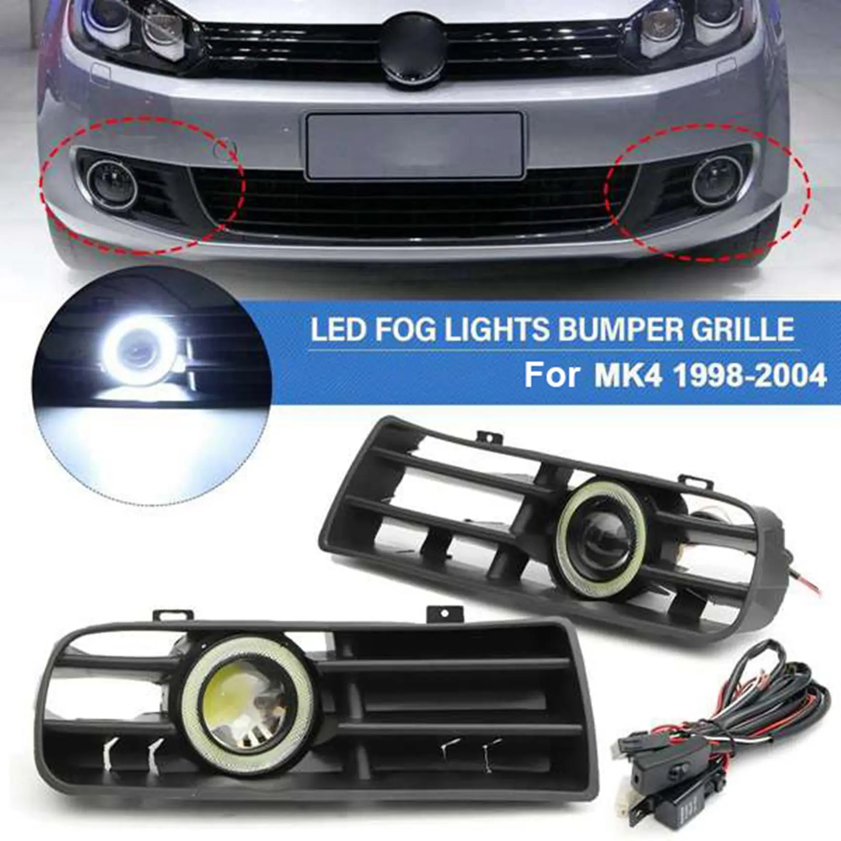 1Pair Fog Lights Grille with Wire for Volkswagen Golf MK4 1998-2004