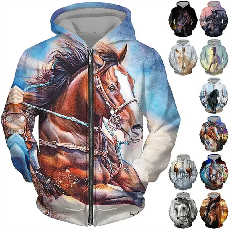 Horse 3D Print Zipper Y2K Hoodies Unisex Casual Animal Zip Hoodie Streetwear Pattern Hooded Jacket Spring Autumn Male Sweatshirt