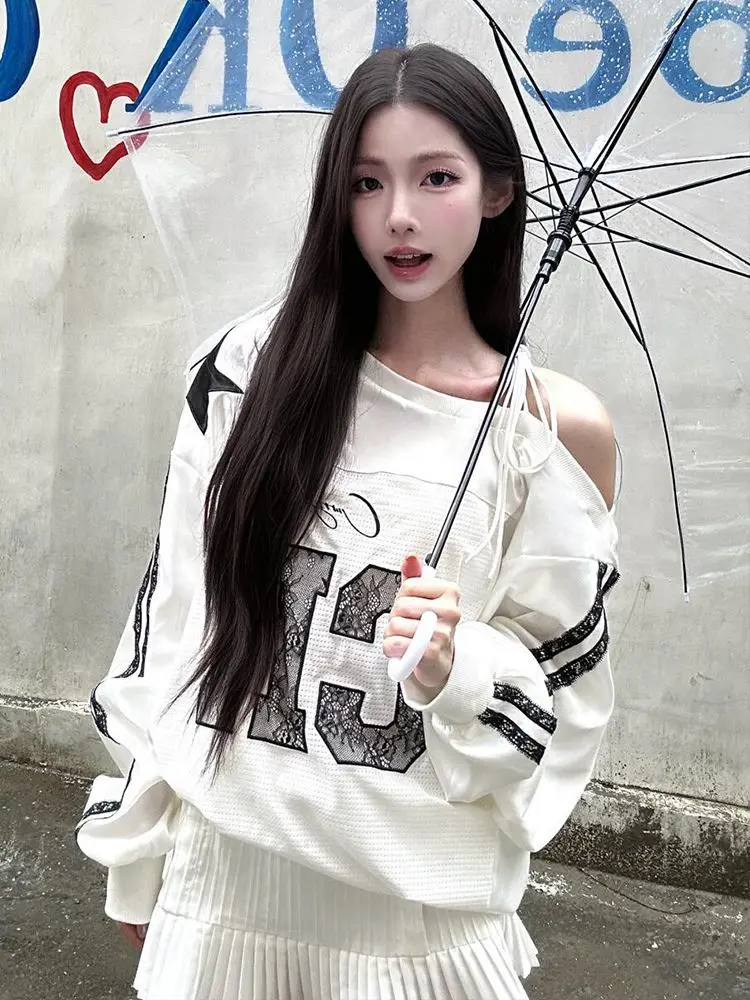 

American Vintage Lazy Sweatshirts for Women Spring Autumn New Lace All-match Tops Off Shoulder Letter Print Long Sleeve Coat