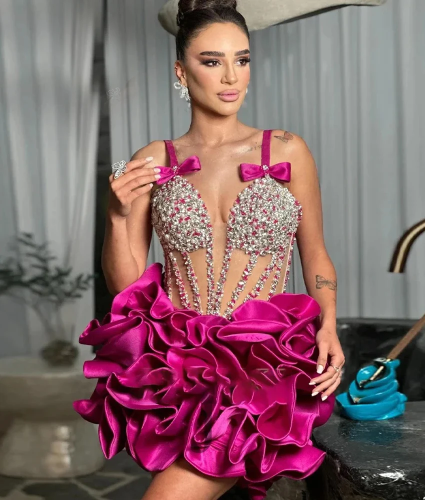 

Customized Luxury Sequined Beading Pearls Crystal Ruffles 3D Bow Evening Dress Sexy Sweetheart Sleeveless After Party Dress