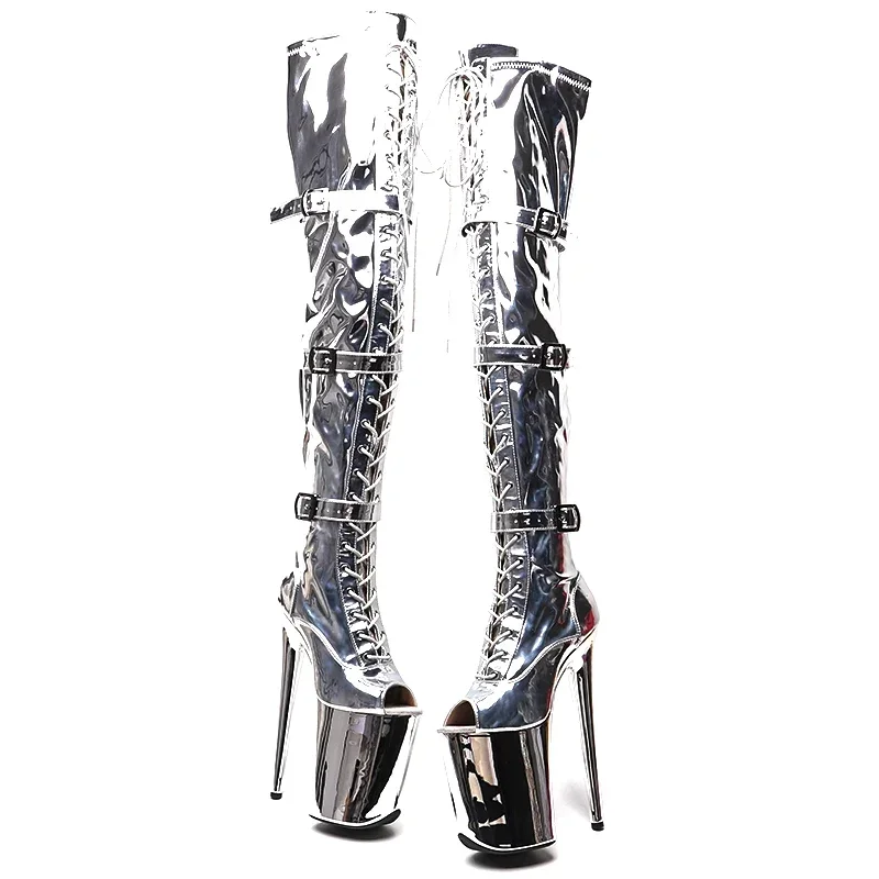 Leecabe  20CM/8inches Shiny PU   Upper Open Toe Trend fashion  High Heel platform Boots Pole Dance boots