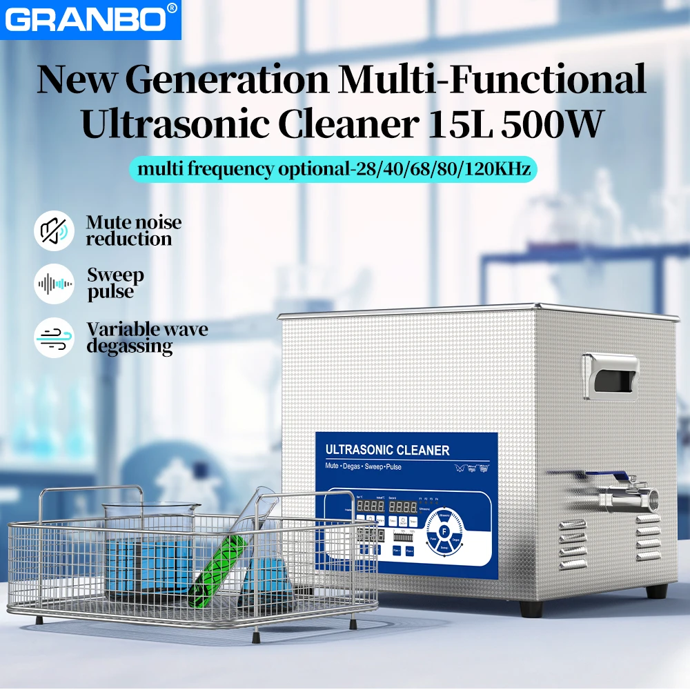 Granbo New Multi-frequency 40~120KHz 15L 500W Ultrasonic Cleaner Noise Reduction Design Sweep Pulse Cleaning Equipment