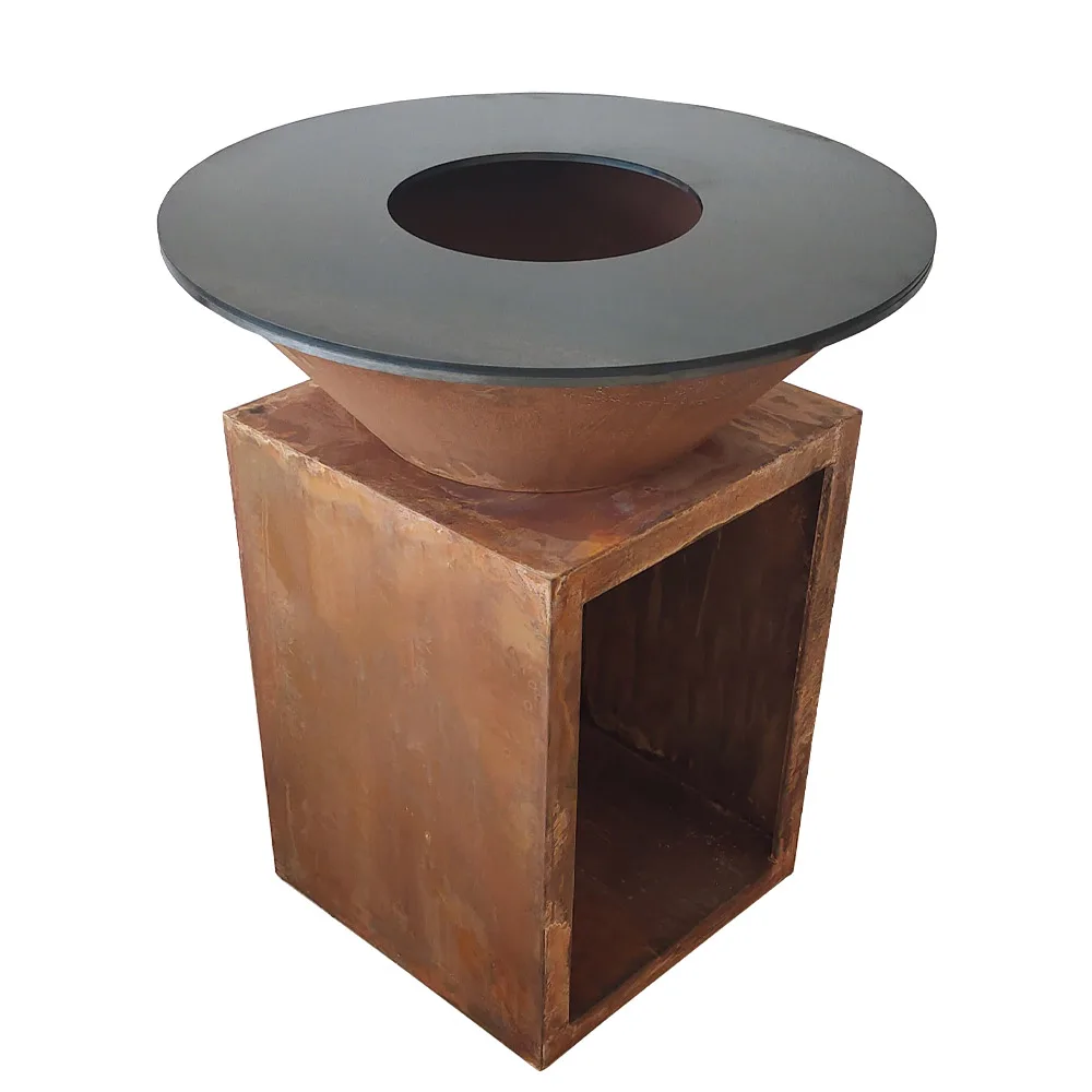 Durable Corten Steel Outdoor Brazier BBQ Grill With Cooking Plancha Griddle For Garden Backyard Patio Family Camping Cooking