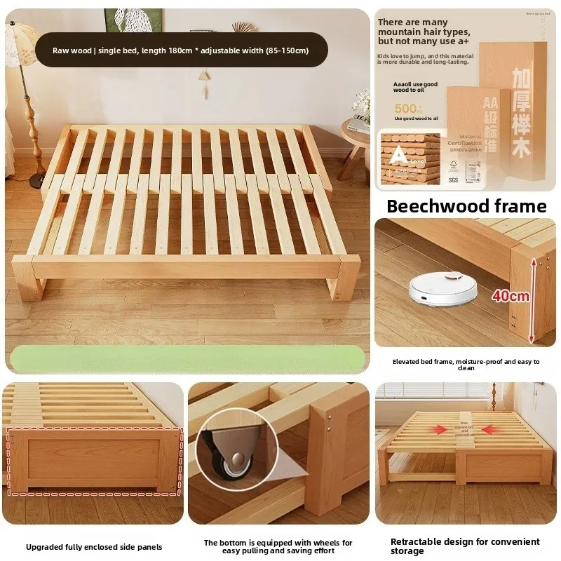 Solid Beech Wood Sofa Bed Folding Dual Use Living Room Multi Function Extendable Pull Out Bed Tatami Small Apartment Double Bed