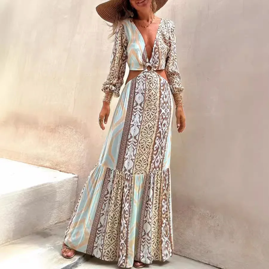 Robe de plage maxi à manches longues et col en V pour femmes, imprimé bohème, épissage creux, robes