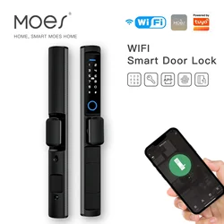 MOES WiFi Smart Narrow Side Fingerprint Coded Door Lock Remote Control Waterproof Short Handle for Slim Thin Frame Glass Sliding