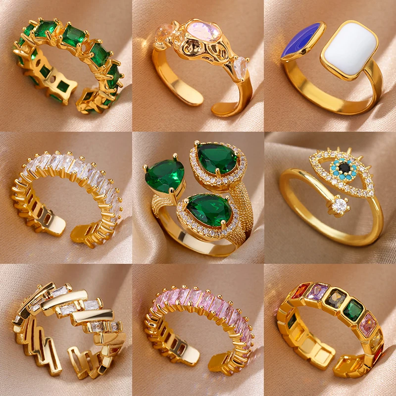 Anillos de circón verde Vintage para mujer, acero inoxidable, Color dorado, anillo ajustable, estética femenina, regalo de joyería de boda de lujo