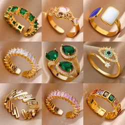 Vintage Green Zircon Rings for Women Stainless Steel Gold Color Adjustable Ring Female Aesthetic Luxury Wedding Jewelry Gift