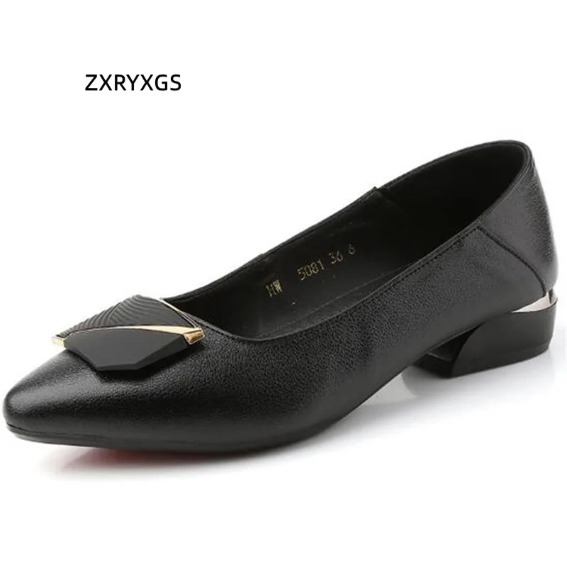 

ZXRYXGS Top Cowhide Pointed Toe Shallow Mouth Women Genuine Leather Shoes 2023 New Low Heel Shoe Small Size 31 32 Large Size 43