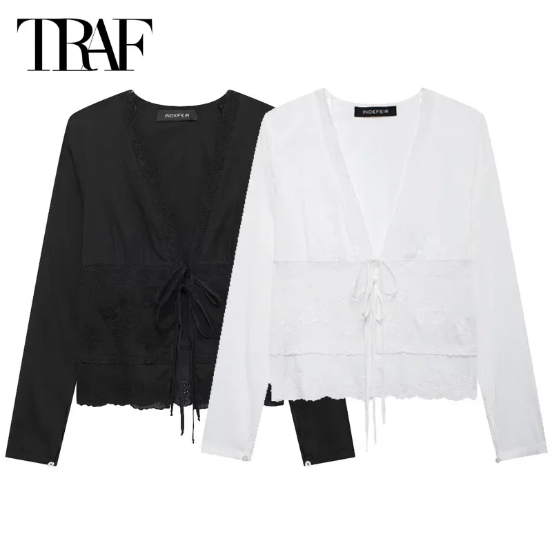 TRAF Embroidered Cropped Shirt Women\'s Shirt Summer Shirts & Blouses White Black Shirt V-Neck Long Sleeve Blouse With Ties 2024