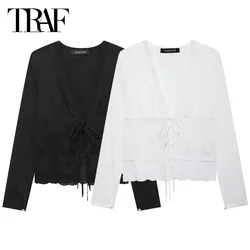 TRAF Embroidered Cropped Shirt Women's Shirt Summer Shirts & Blouses White Black Shirt V-Neck Long Sleeve Blouse With Ties 2024