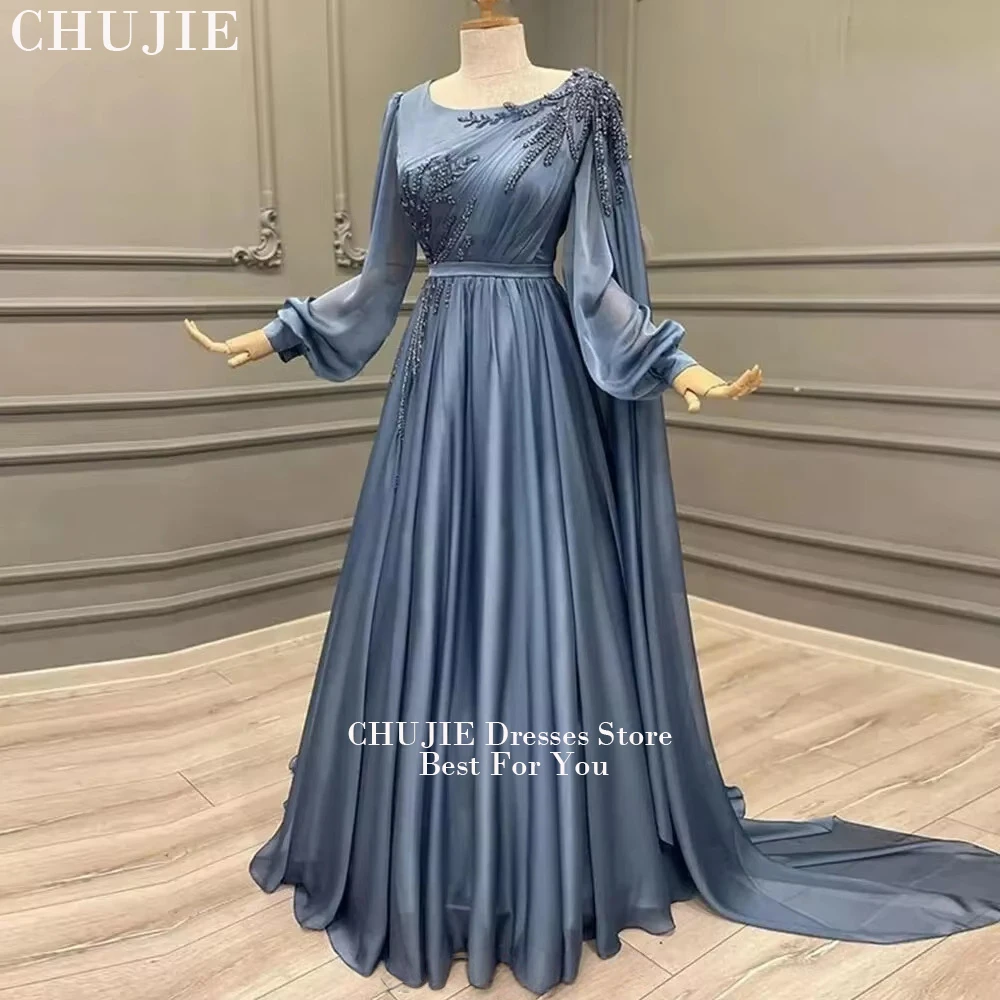 

Dusty Blue Beading Muslim Evening Dress O Neck Prom Dresses Chiffon Long Sleeve A-Line Draped Wedding Guest Dress Customized
