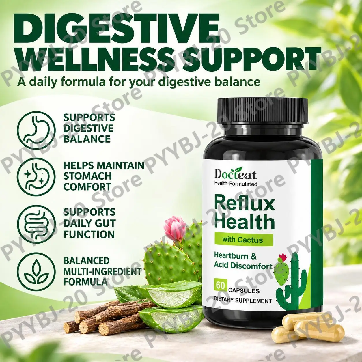 Docteat Cactus Extract Capsules Supports Gut Function and Digestive Comfort with Vitamin B6 Calcium and Magnesium - 60 Capsules
