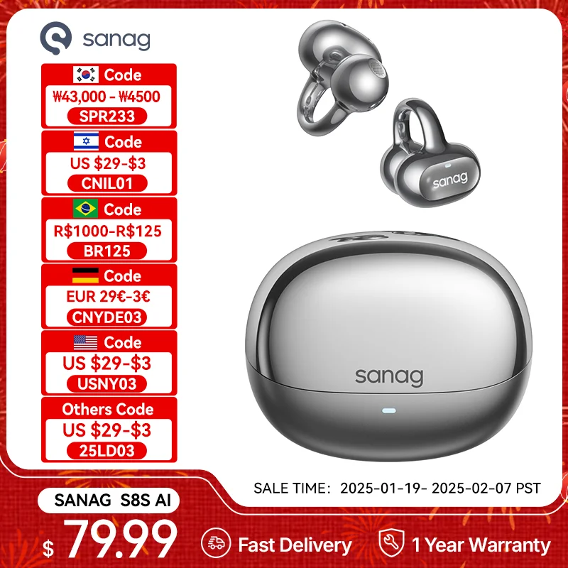 Sanag S8S AI Ear Clip Earphones Bluetooth 5.4 AI Translation Wireless Open Ear Sports TWS Earbuds ENC Noise Reduction Headphones