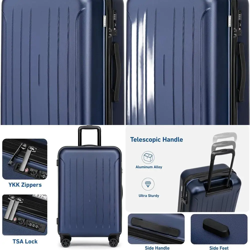 

24 Navy Blue Medium Hardshell Suitcase with Dual 360° Spinner Wheels, TSA Approved for Lightweight Travel