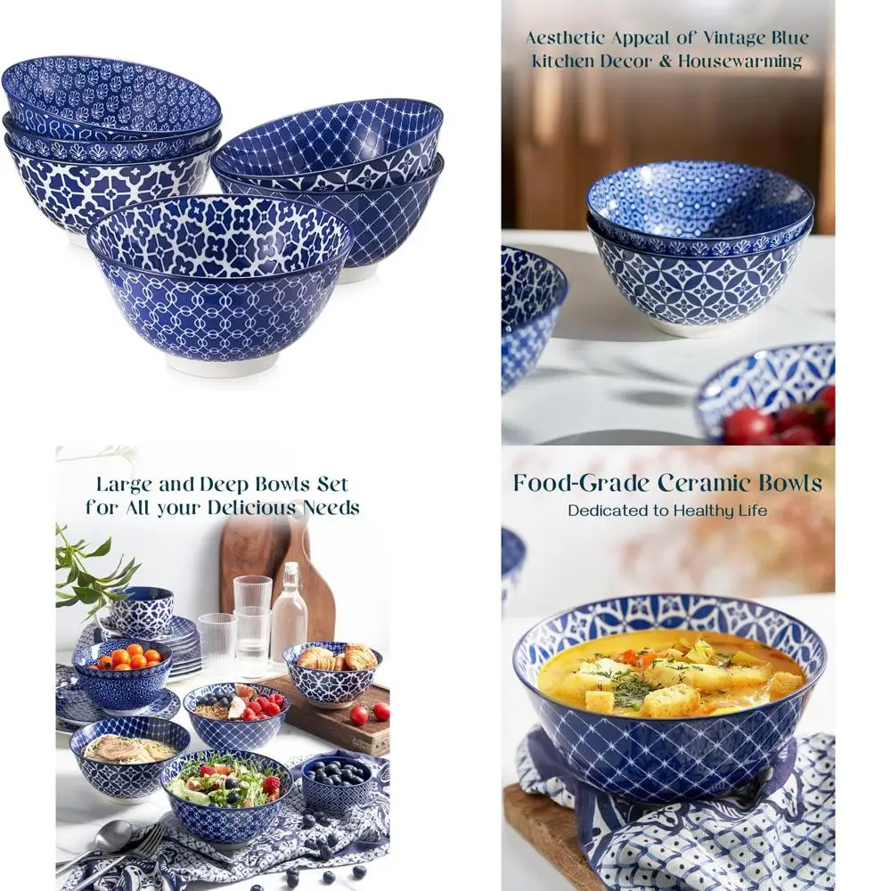 

Набор из 6 больших керамических глубоких мисок на 33 унции — идеально подходит для рамэн, макарон и салатов — винтажная синяя фарфоровая кухонная утварь и домашнего декора