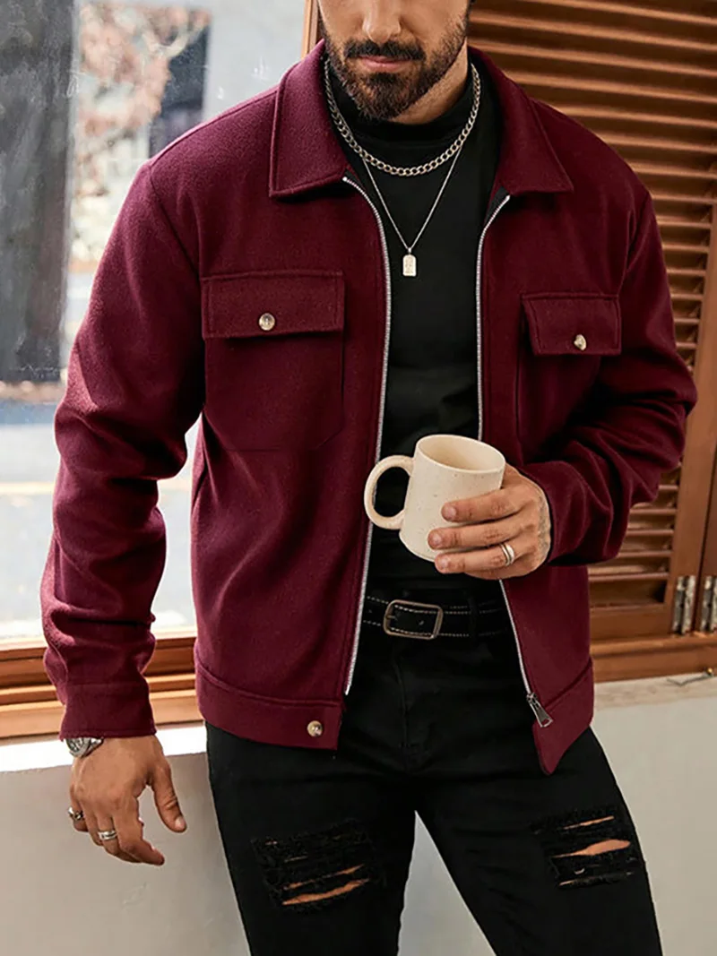Herrenjacke aus gebürstetem Polyester, Reversjacke mit Knopfleiste/Reißverschluss und Tasche, bequeme, lässige Herbst- und Winterjacke für Büro und Business – Detail 13