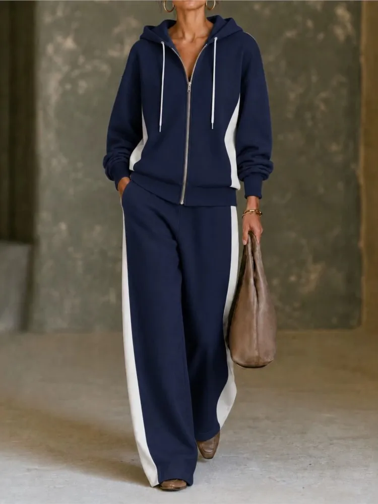 Women 2 Piece Tracksuit Set Autumn Fashion Zip Up Hoodie Sweatshirt Wide Leg Pants Color Block Casual Loose Loungewear Suit