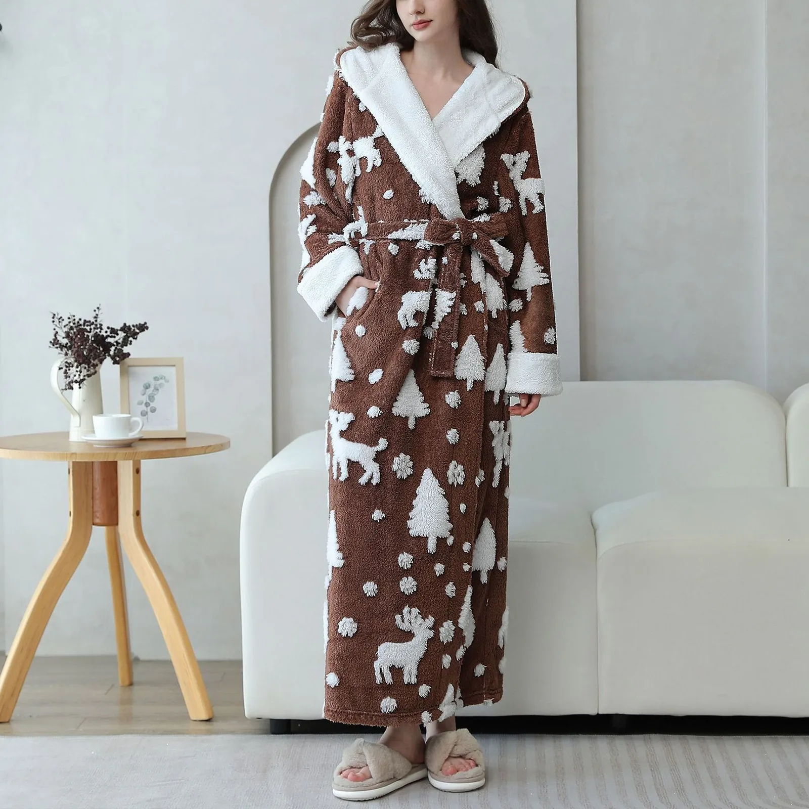 Winter Fashion Women Bathrobe Print Thicken Plush Long Sleeve Bathrobe Sleepwear Warm Nightgown Christmas Gift For Women