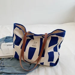 Aesthetic Geometric Block Canvas Tote Bags For Women 2026 Large Capacity Shopper Shoulder Bag Female Casual Handbags and Purses