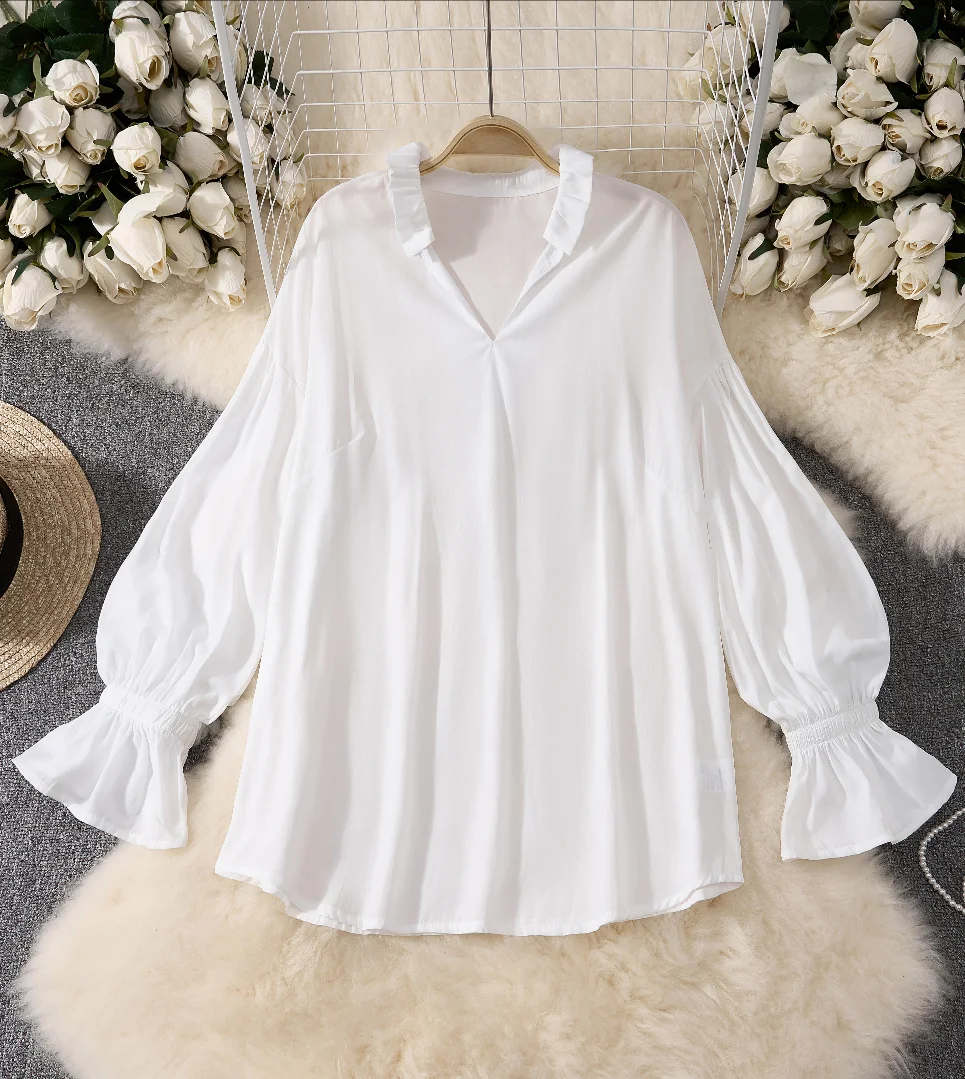 

Elegant Lantern Sleeve Women's Shirt Solid Color Retro Lapel Top for Office Women