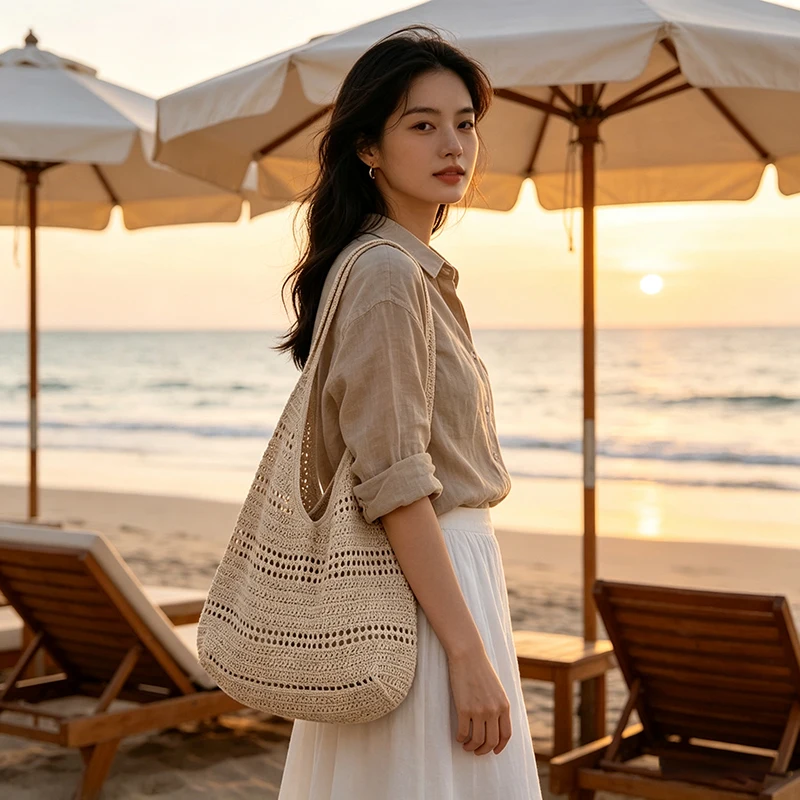 Hohlgestrickte Unterarm-Schultertasche, koreanische Damen-Handtasche, süß, niedlich, schlicht, einfarbig, gewebte Handtasche, lässige Tragetasche für Pendeln und Reisen – Detail 2