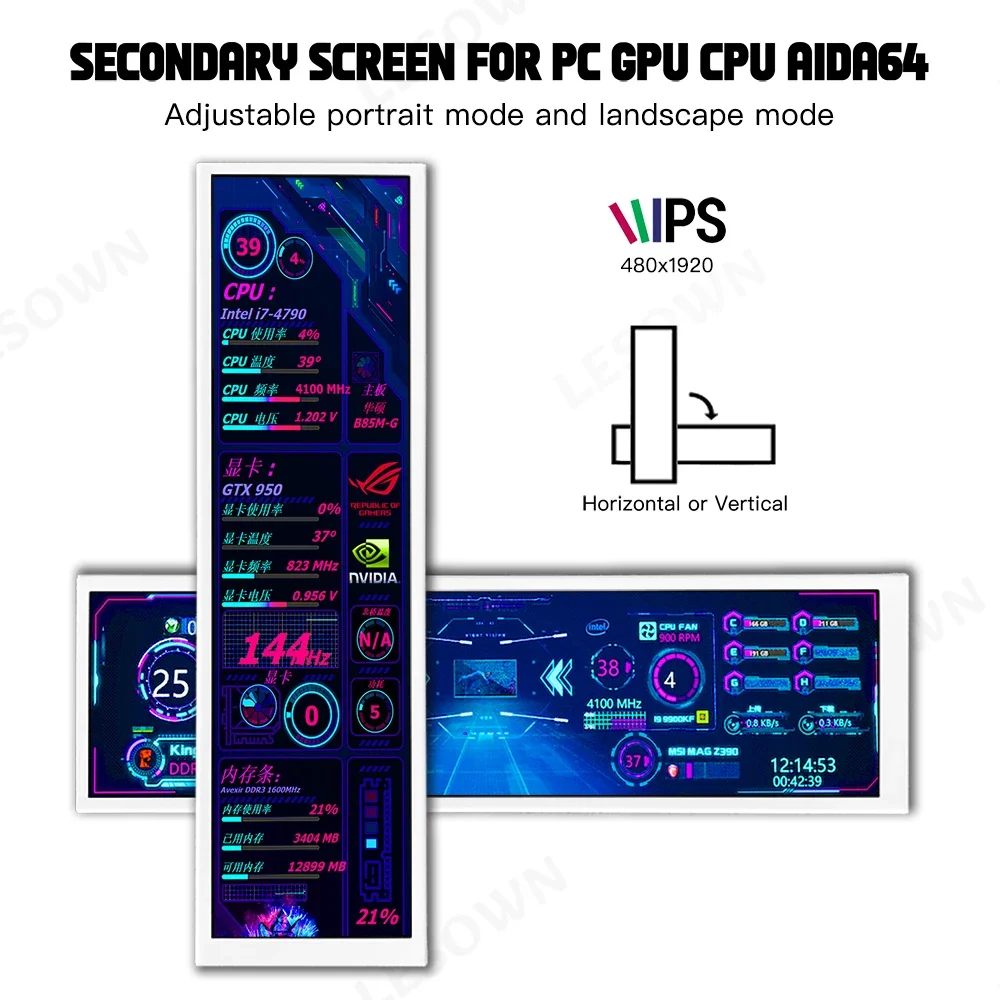 LESOWN 8.8 inch Stretched Bar LCD Temp CPU Data Monitor 1920x480 IPS Touch Wide Screen Portable Secondary Display for PC Aida64