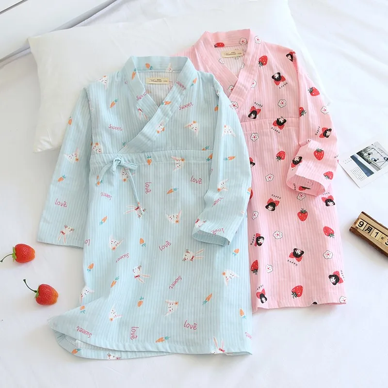 

2022 Children's Thin Cotton Japanese Pajamas Girls Long-Sleeved Nightdress Sleepwear Baby Hanfu Cute Parent-Child NightgownLC832