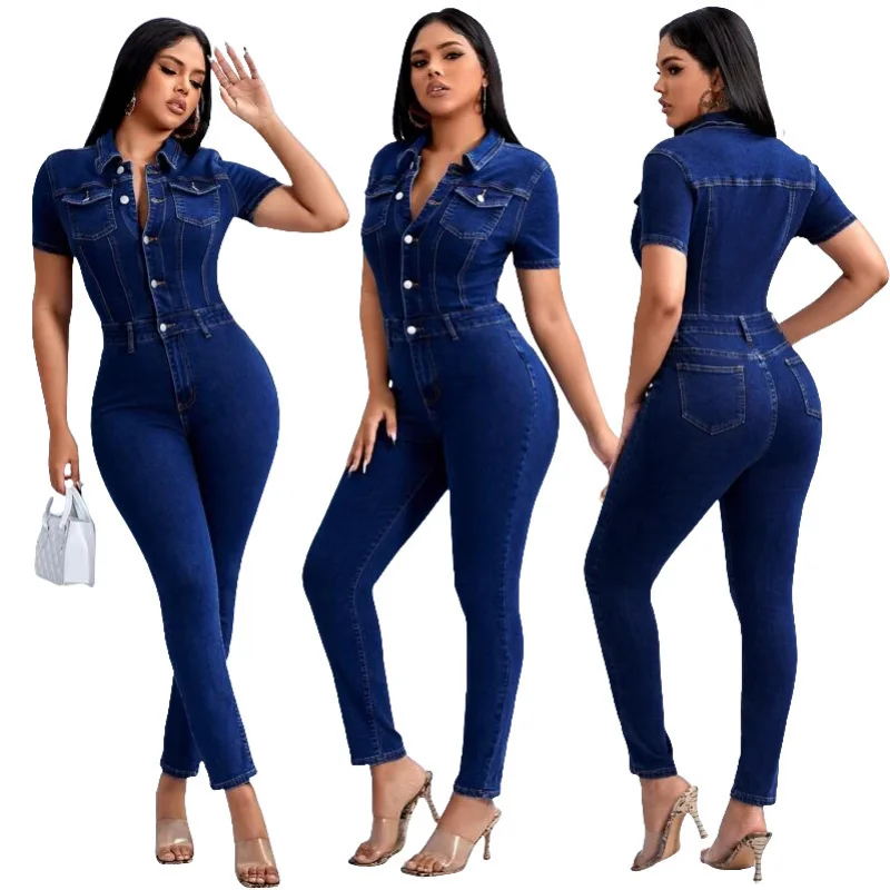 Mulheres casual bodysuit cintura alta jeans sexy denim macacão feminino jeans manga curta bodysuits macacão