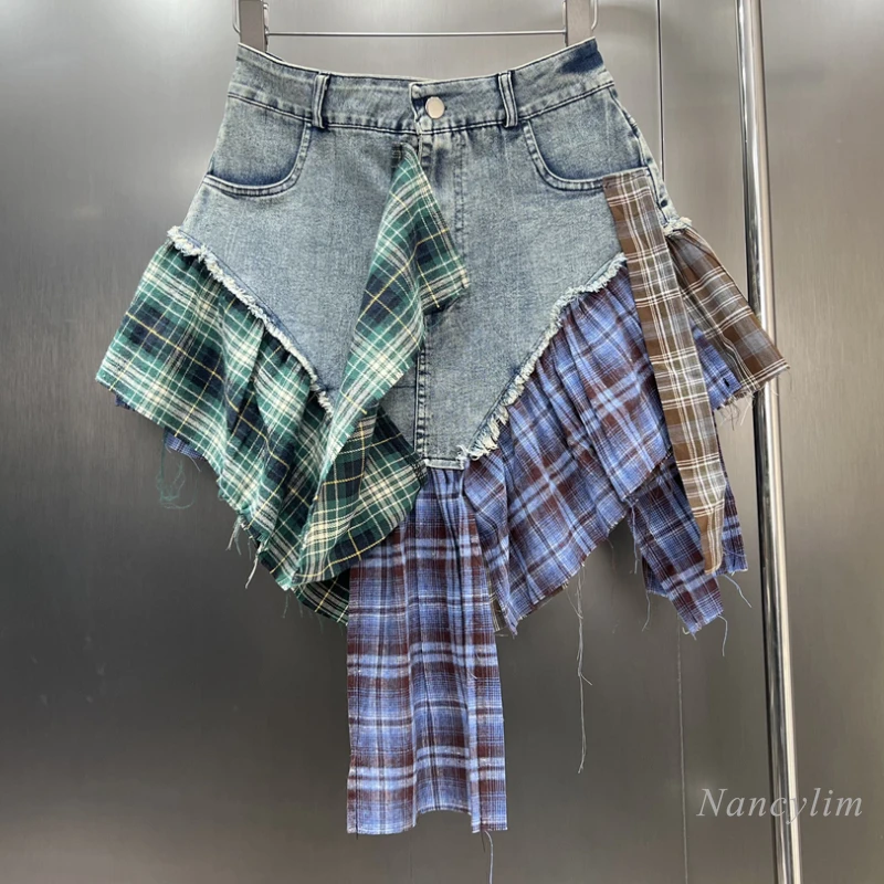 

Women's Irregular Patchwork Skirt for Women 2024 Summer New Nostalgia Blue High Waist Asymmetric Plaid Stitching Denim Skirts