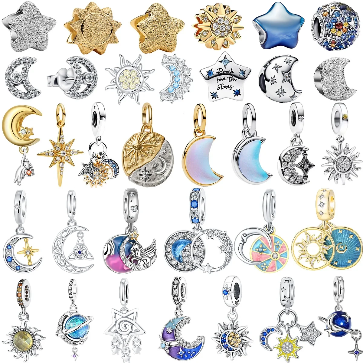 Original 925 prata esterlina colorido encantos sol lua e estrela contas brincos pingentes caber pulseira colar diy jóias presente