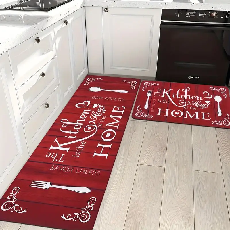 VIKAMA Redwood-Patterned Kitchen Mat, “The Heart of the Home” Slogan Tableware Decorative Non-Slip Rug, Home Decor