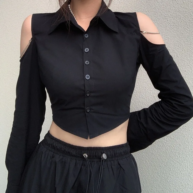 

Streetwear Off Shoulder Sexy Short Blouse Women Hollow Out Chain Long Sleeve Shirt Woman Buttons Lapel Slim Ins Crop Tops 28611