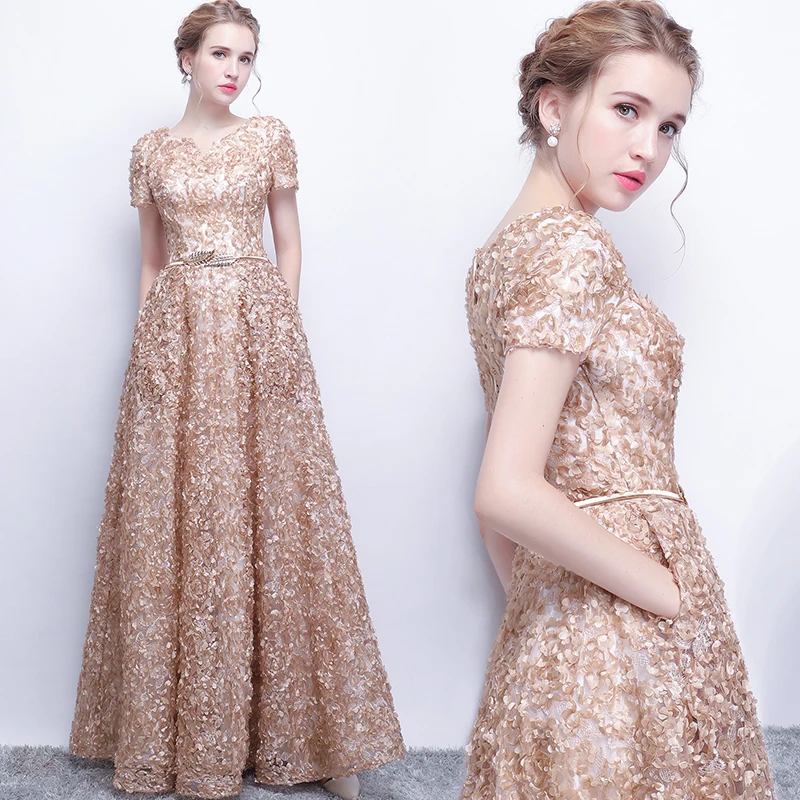 

Elegant Women Evening Dresses V-Neck Short Sleeve Floor-Length Banquet Gowns Female Slim A-Line Formal Dress