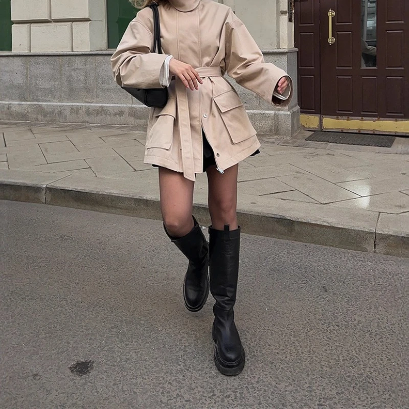 Temperamento Stile semplice, Colletto rialzato in tinta unita, Vita allacciata, Trench di media lunghezza, Nuovo stile da donna 2025