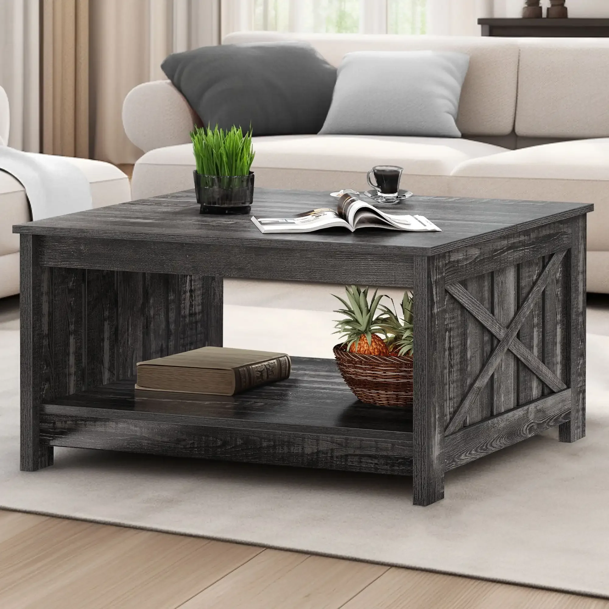 Square Coffee Table,  Coffee Table with Half Open Storage Compartment, Rustic Gray