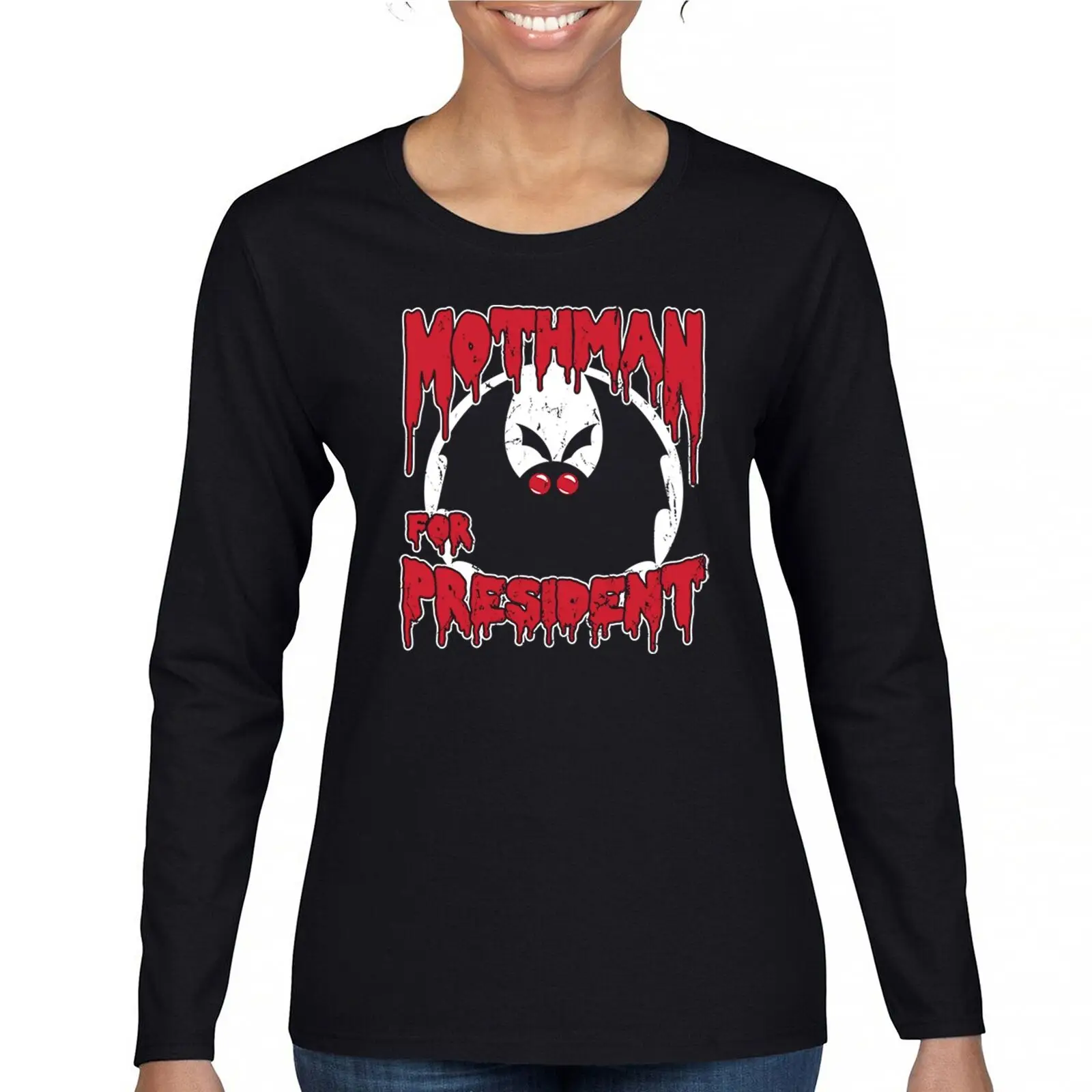 

Mothman For President 24 Women's Long Sleeve T-shirt Fun Meme Humor Pop Culture