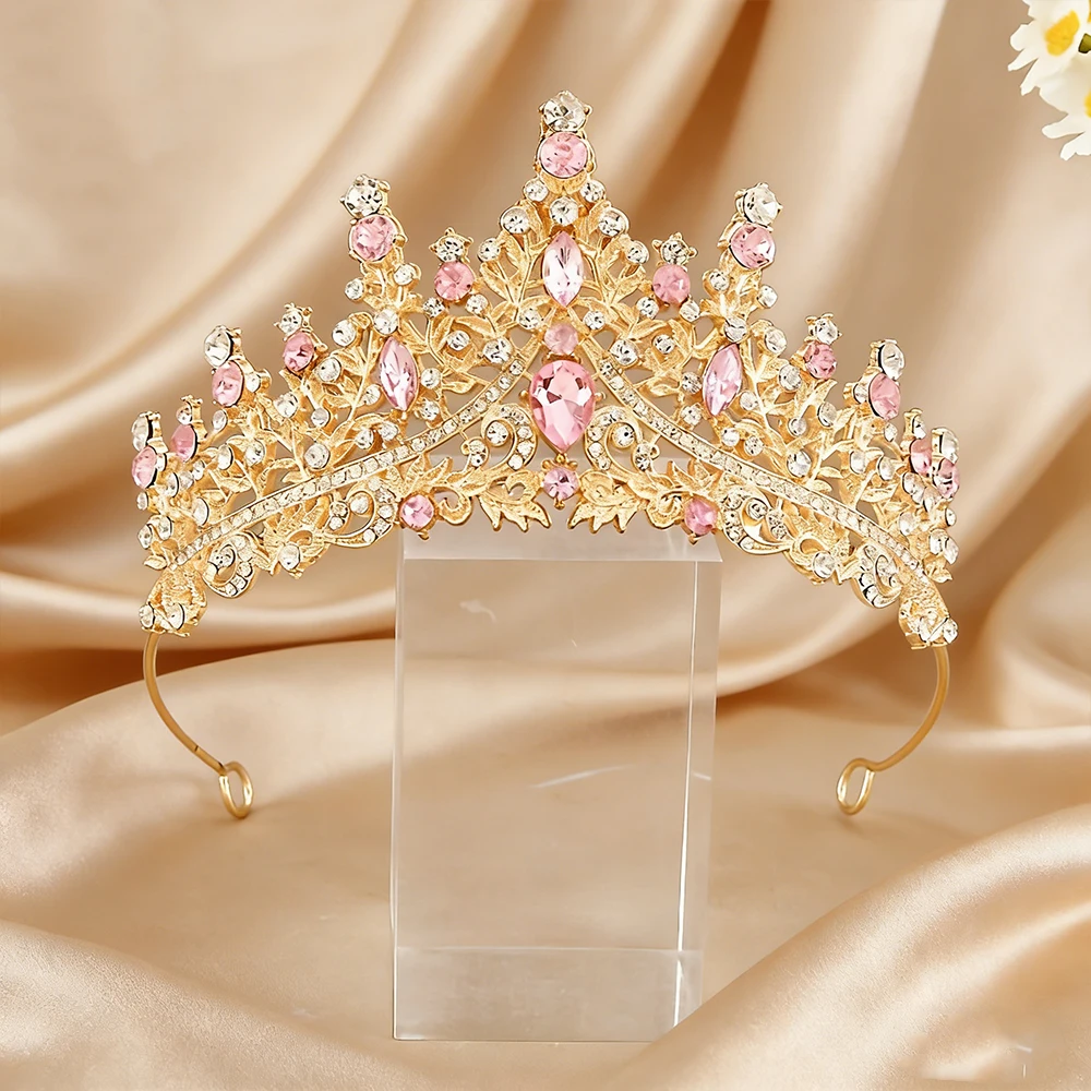 2Pcs Exquisite Vintage Baroque Gold Tiara Set Pink Clear Crystal Crowns Luxurious Bridal Headwear Weddings Proms Quinceañeras view 3
