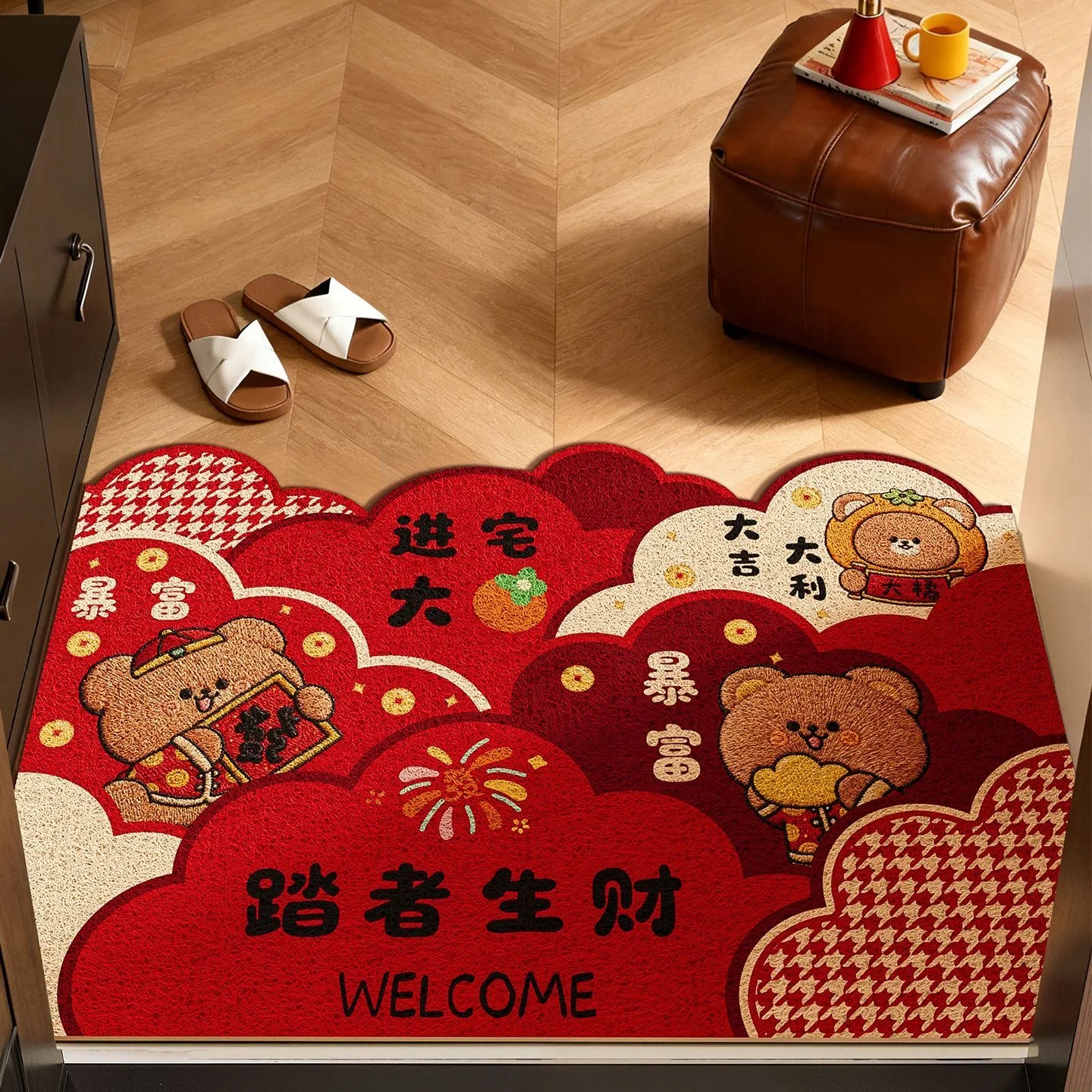 

Red New Year Entrance Door Mat PVC Anti-Slip Tead Circle Sand Scraper Dir Resistant Cusizable Home Entrance Mat