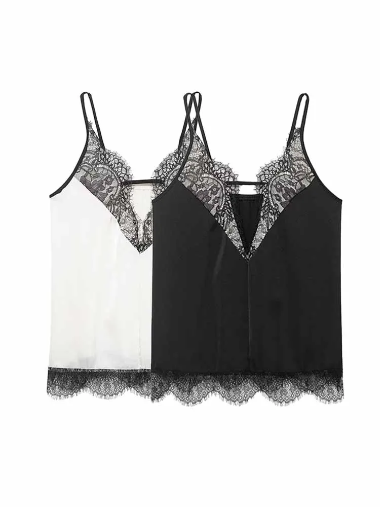 

HH New Woman Spring Fashion Sleeveless Sexy Lace Splicing Decoration V Collar Inner Wear Sling Tops Female Casual Halter Top