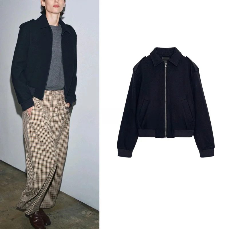 

Fall New Women's Long Sve Wool Blend Jaet Metal Zipper Cuff Flip-Cover Collar Outerwear Commute Sle Stand Fit ort...