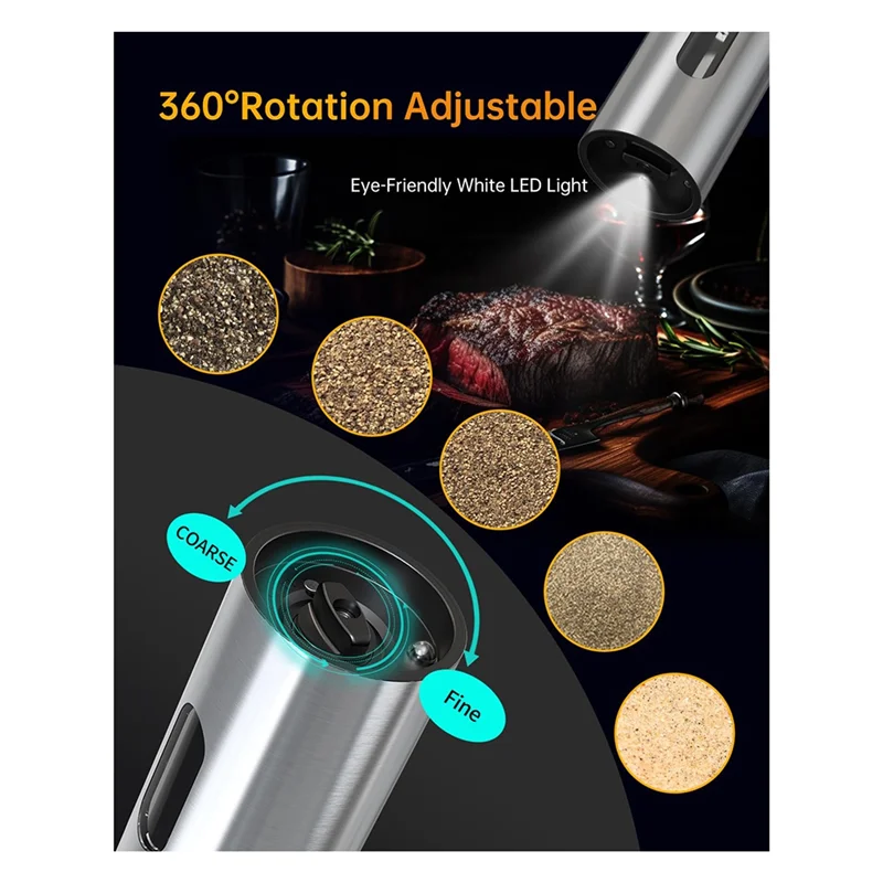 A01V-충전식 베이스가 포함된 전기 소금 및 후추 밀 세트, 스테인레스 스틸, 110Ml 자동 분쇄기