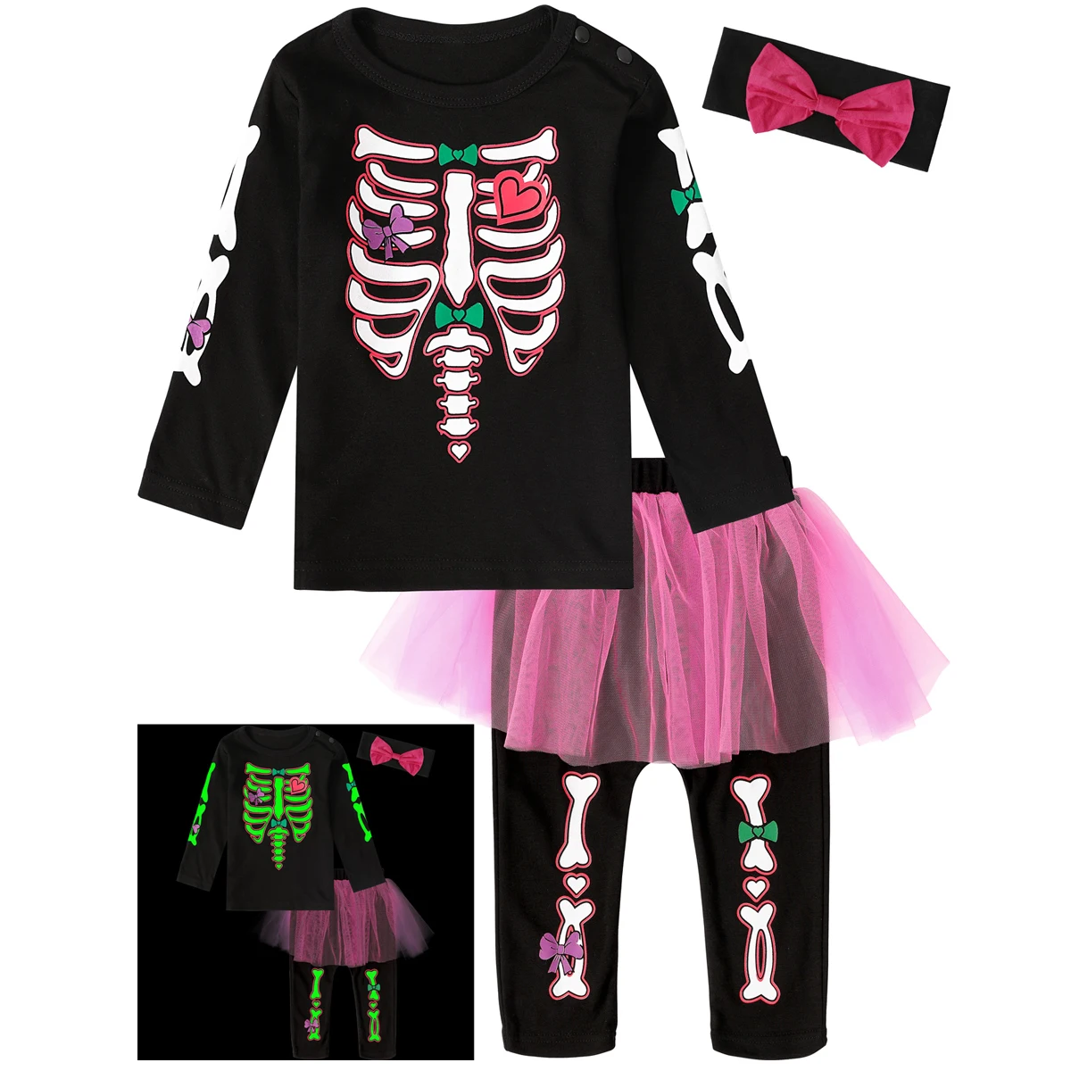Conjuntos de ropa de esqueleto de Halloween para niñas, vestido de fiesta para niños pequeños que brilla en la oscuridad, disfraz de carnaval, ropa de hueso Punky Funky