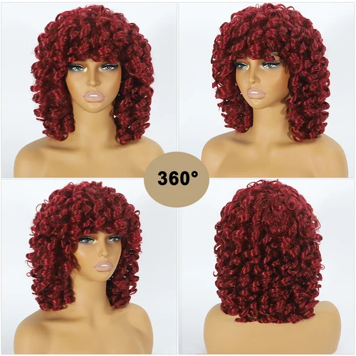 Imagen 2 del producto Peluca rizada roja suelta corta para mujeres negras peluca Afro rizada con flequillo fibra sintética pelo sin pegamento de aspecto Natural para uso diario