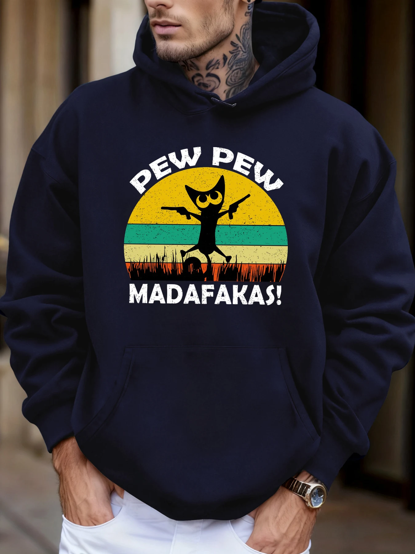 

Pew Pew Madafakas Cat Pattern Мужские толстовки Повседневная осенняя карманная уличная одежда Свободные пуловеры в стиле хип-хоп Флисовая мужская толстовка для бега