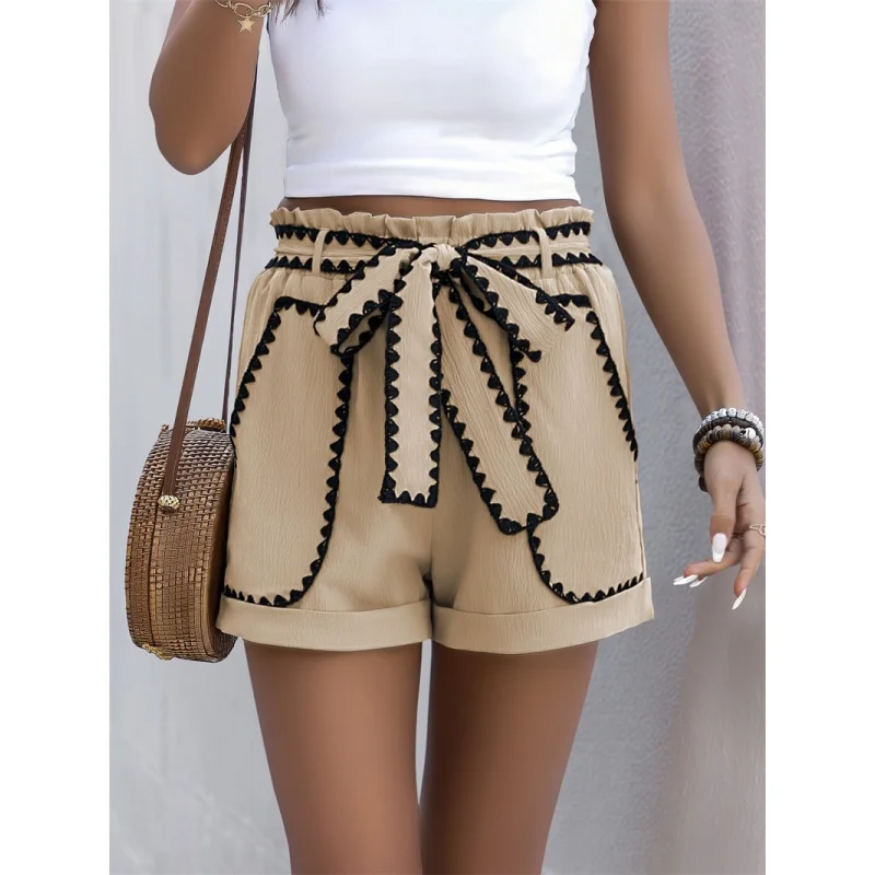 

Casual High Waist Color Blo orts for Women Faionable Knot Detail Straight Leg Polyester Blend Comfortable Leisure Pants