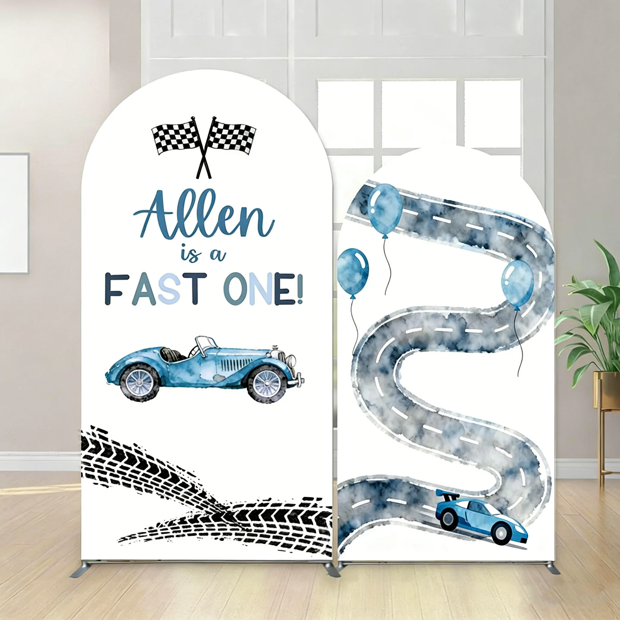 

LS Racing Boy 1st Birthday Party Arch Backdrop One Fast Blue Race Car Flag Background Newborn Birthday Party 2-Sided Photo