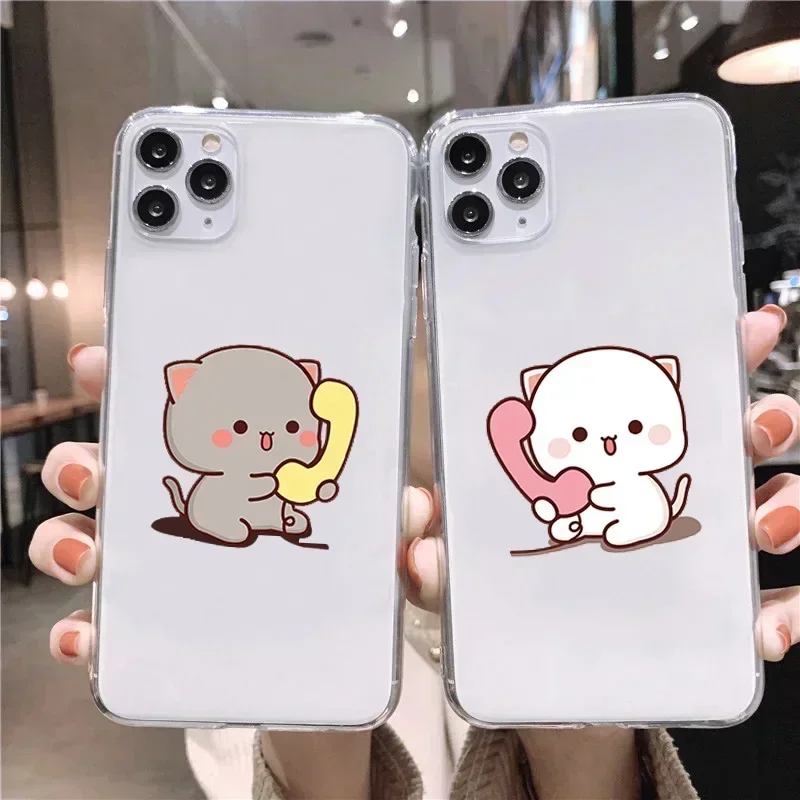 Funny Cat Couple Paired Phone Case for iPhone 16 15 13 12 14 11 Pro Max Mini XR XS 7 8 Plus SE Cartoon Animal Clear Cover Coques