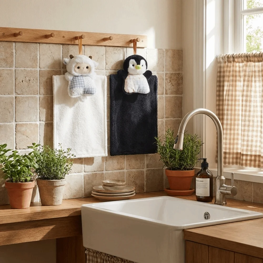 Cleaning Rag Cartoon Doll Hanging Hand Towel Absorbent Plush Cleaning Hand Cloth Duckling Soft Kitchen Cute Wipe Cloth Household