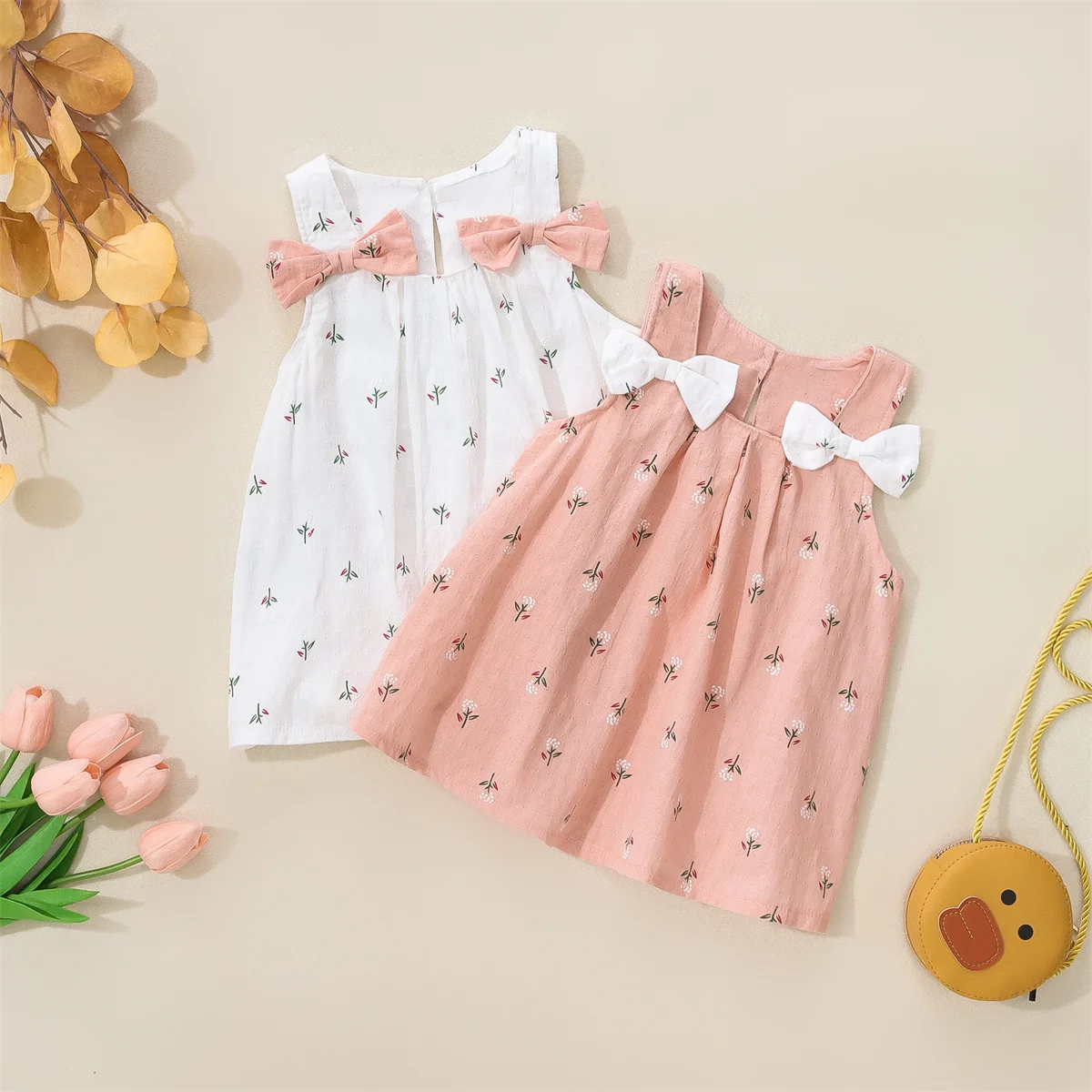 Summer Baby Sleeveless Dress Toddler Bow Decoration Fragmented Flowers Daily Leisure Beach Loose Fit Skirt